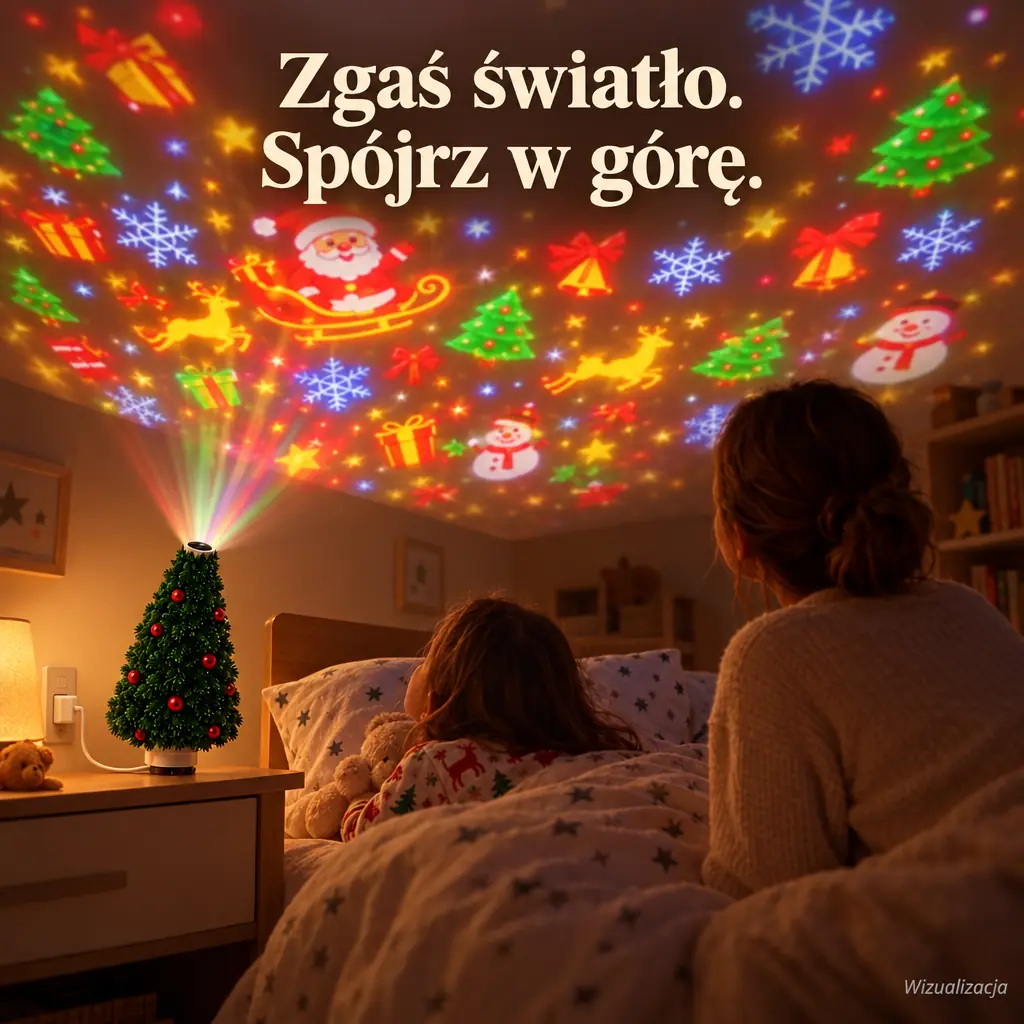 Dziecko i mama leżą w łóżku i patrzą na sufit pełen świątecznych wzorów rzucanych przez choinkę-projektor z szafki nocnej
